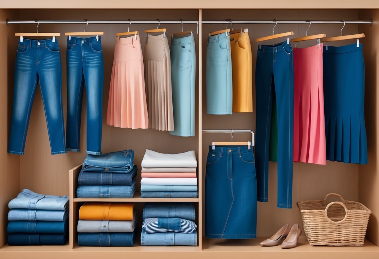 A neatly organized closet with a variety of essential bottoms such as jeans, skirts, and trousers neatly folded or hung