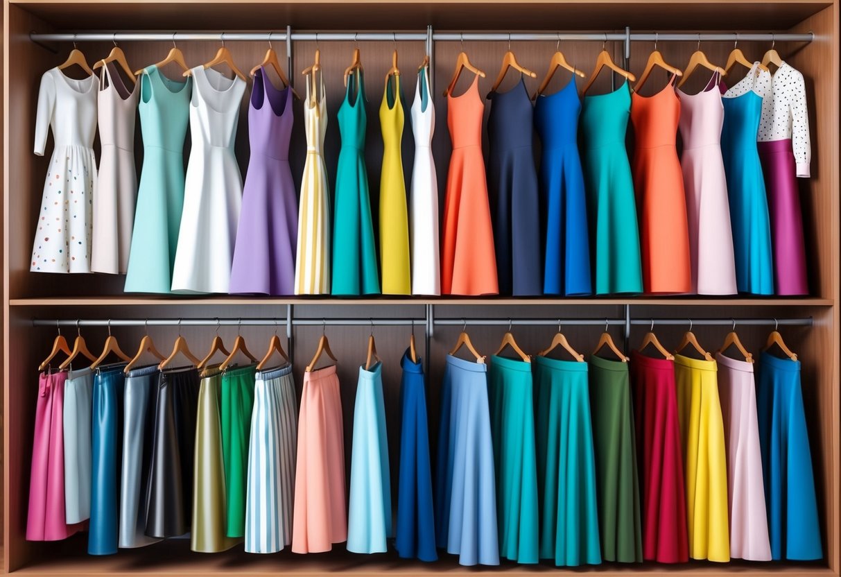 A closet filled with a variety of dresses and skirts in different colors and styles neatly organized on hangers and shelves