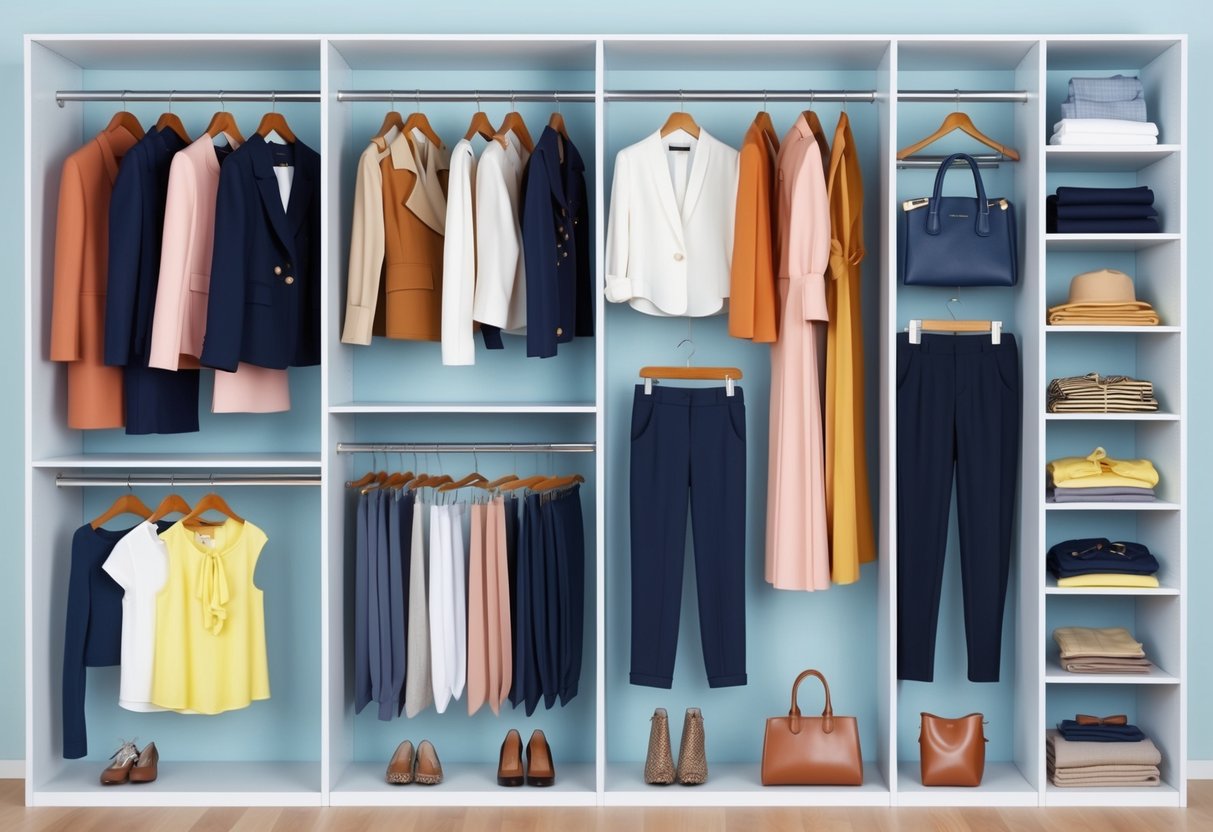 A neatly organized closet with shelves and hangers displaying a variety of stylish clothing pieces, including jackets, blouses, pants, and accessories