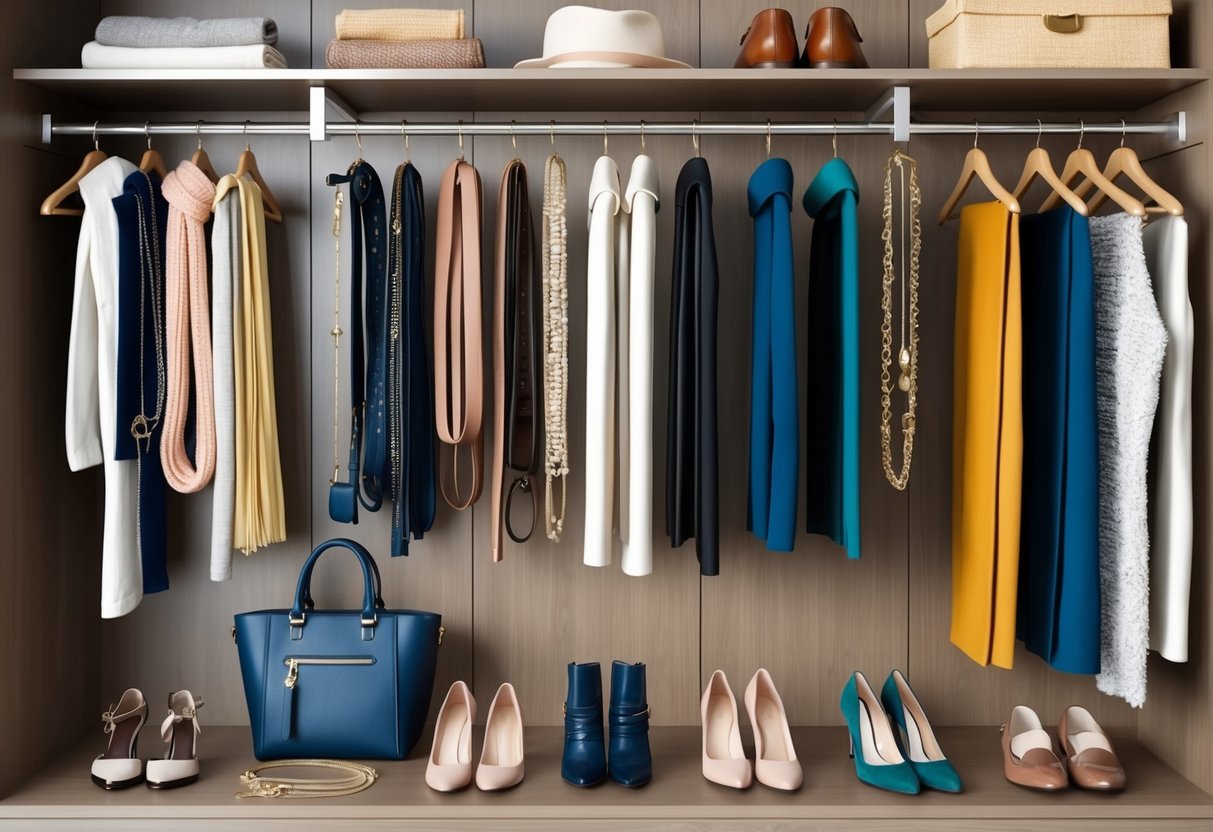A well-organized closet with neatly arranged accessories and wardrobe essentials, including scarves, belts, jewelry, and shoes, displayed on shelves and hangers