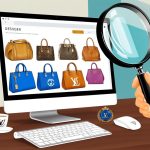 A computer screen displaying a variety of luxury designer items, with a magnifying glass inspecting logos and details for authenticity