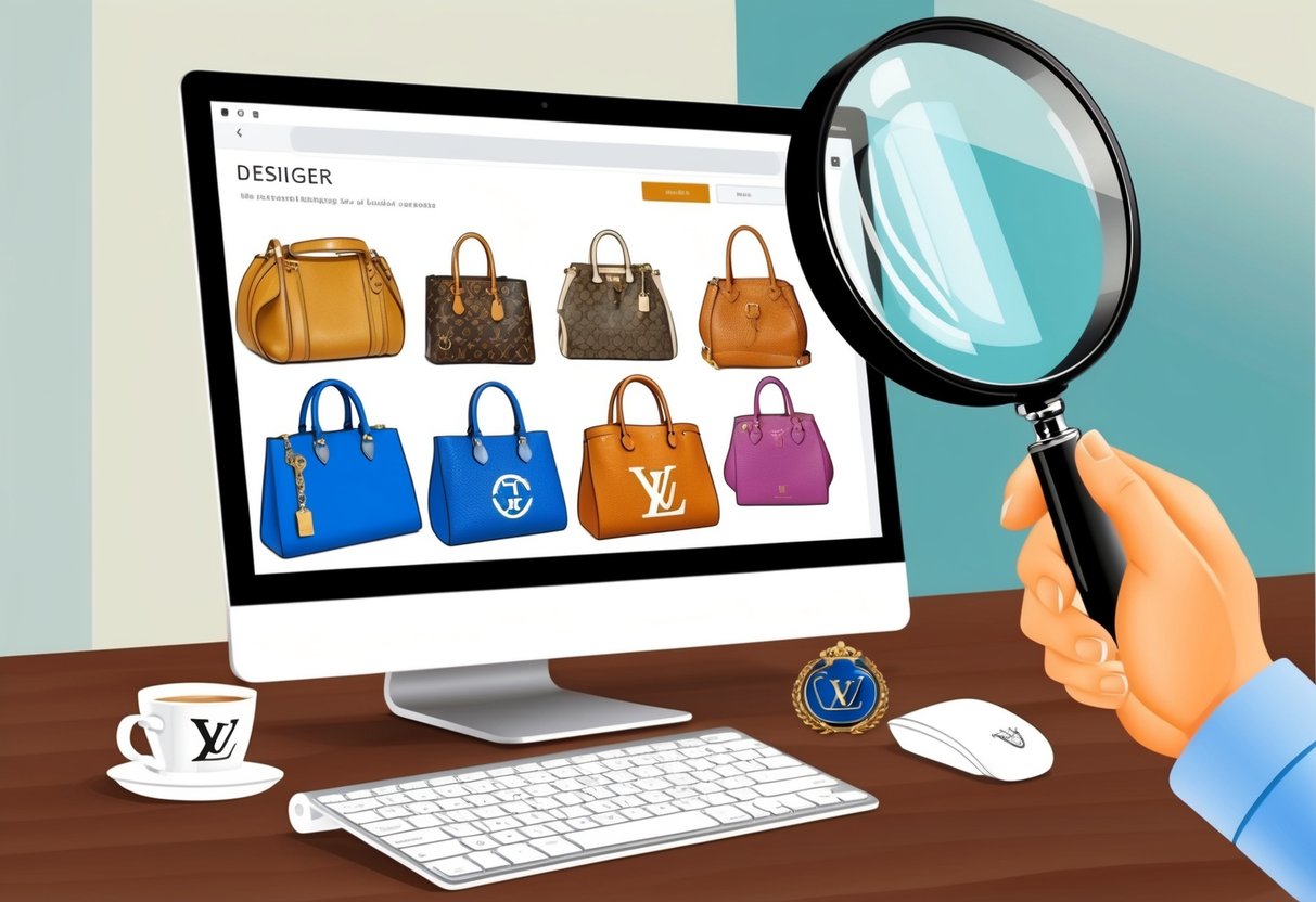 A computer screen displaying a variety of luxury designer items, with a magnifying glass inspecting logos and details for authenticity