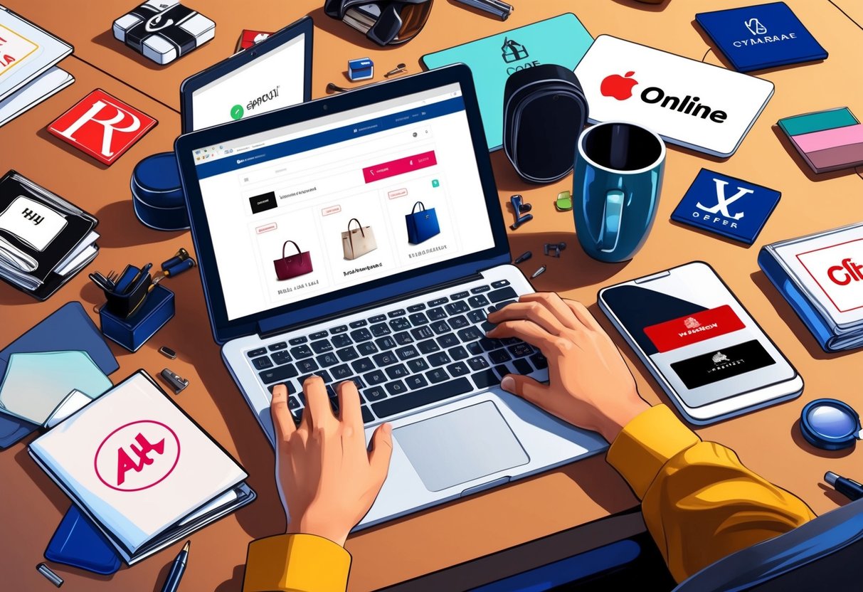 A cluttered desk with a laptop open to a popular online shopping platform, surrounded by designer brand logos and counterfeit items