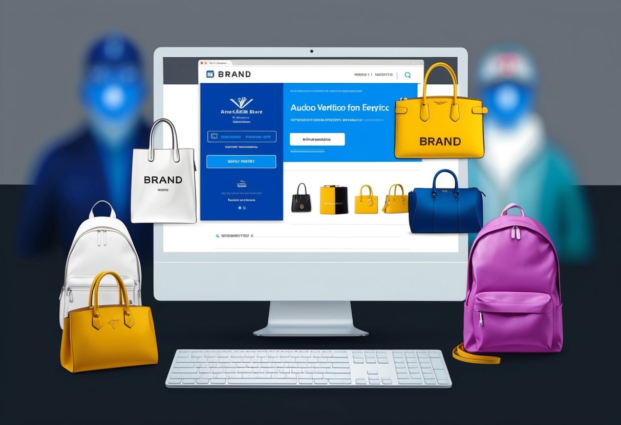 A computer screen displaying a brand's official website with a verification service, surrounded by various authentic designer brand products, contrasted with blurry counterfeit items