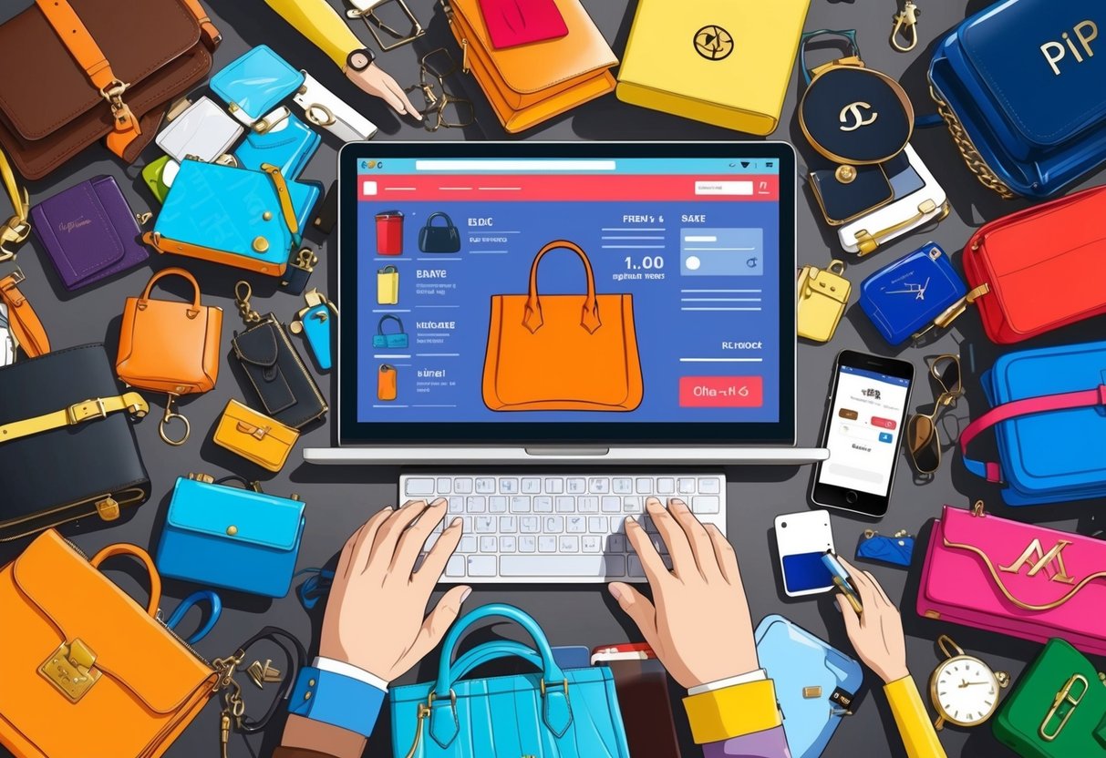 A cluttered online marketplace with a mix of authentic and counterfeit designer items. Suspiciously low prices and lack of official branding