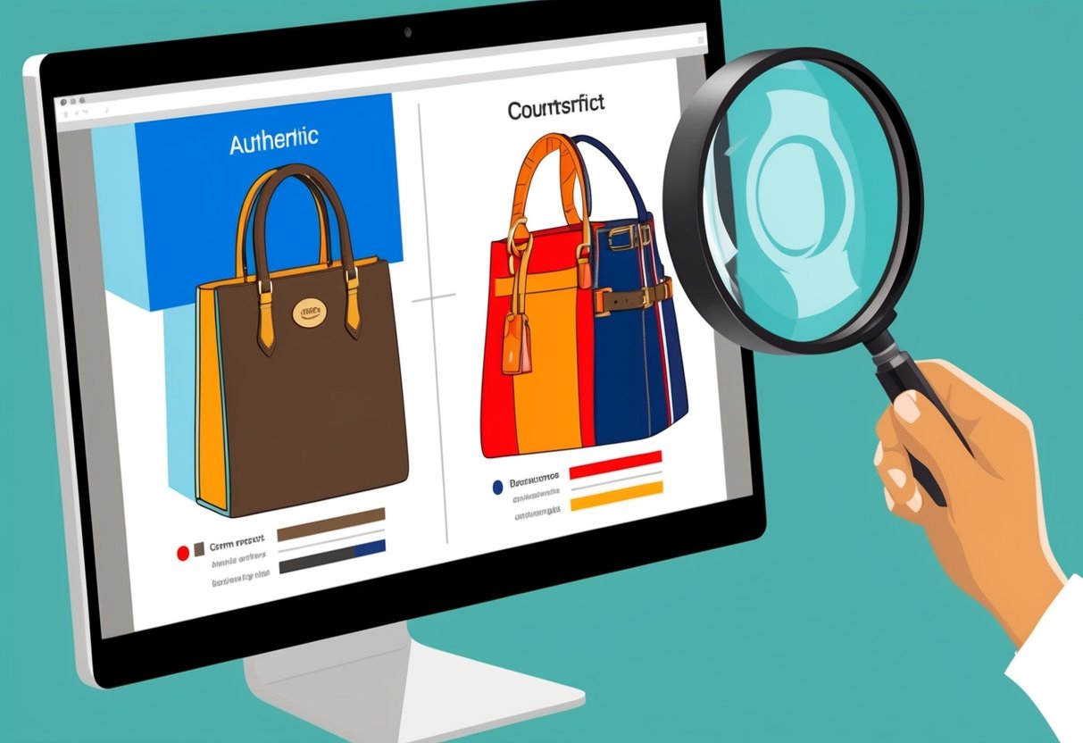 A computer screen displaying a comparison of authentic and counterfeit designer items, with a magnifying glass inspecting details