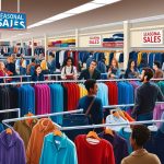 A crowded store with racks of clothing, signs advertising seasonal sales, and excited shoppers browsing through the selection