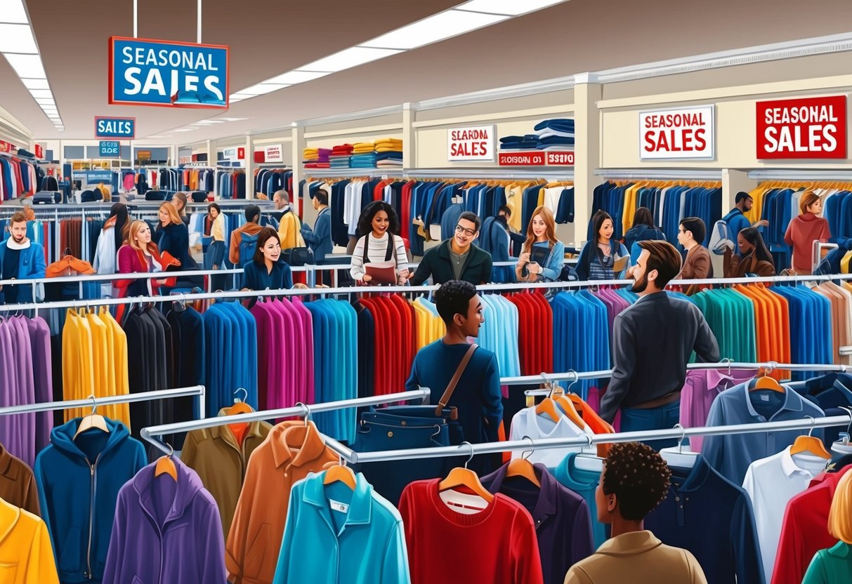 A crowded store with racks of clothing, signs advertising seasonal sales, and excited shoppers browsing through the selection