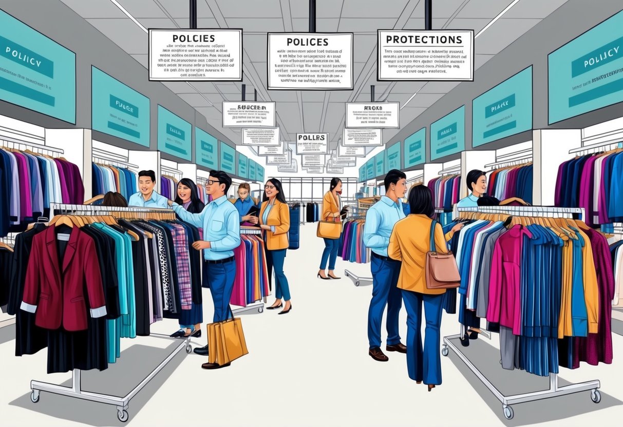 A bustling store with signs displaying policies and protections. Shoppers eagerly browse racks of fashionable clothing, while staff assist and monitor the busy scene