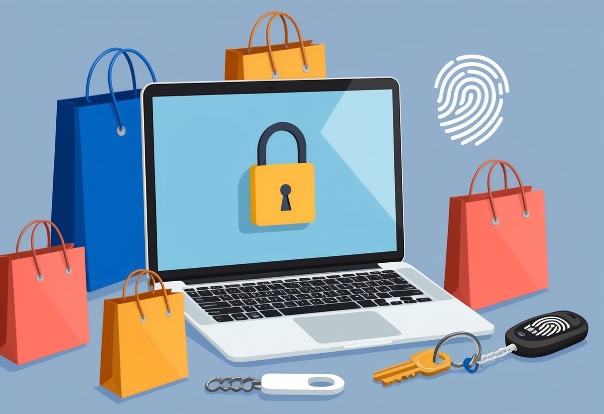 A laptop with a padlock icon on the screen, surrounded by shopping bags and fashion items. A fingerprint scanner and security key are also visible