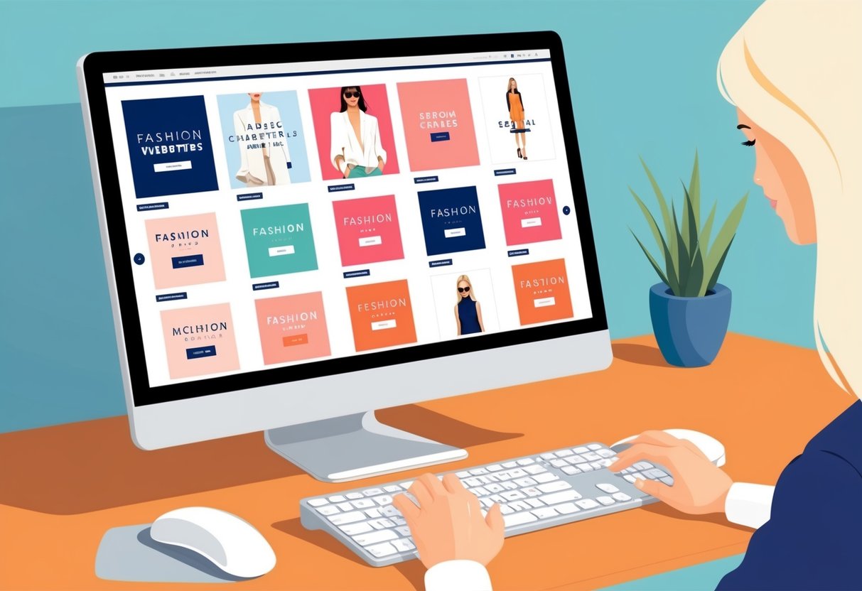 A computer screen displaying various fashion websites, with a person using a mouse to navigate through different seasonal sales and fashion finds