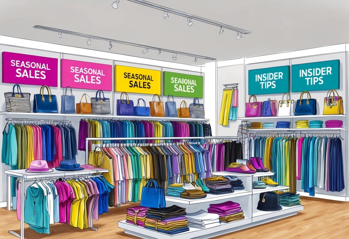 A colorful array of fashion items arranged in a store, with signs indicating "Seasonal Sales" and "Insider Tips" displayed prominently