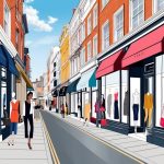 A chic city street with a mix of high-end and affordable fashion boutiques, showcasing a blend of luxury and casual styles