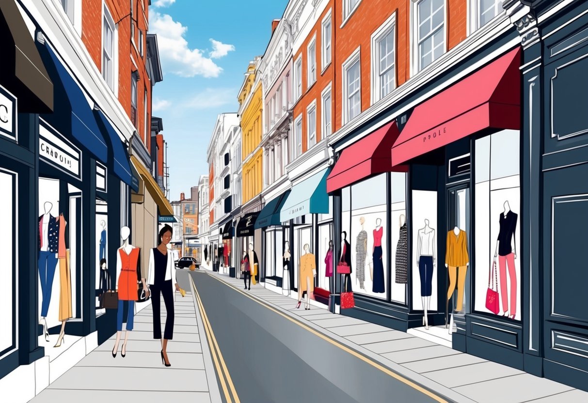 A chic city street with a mix of high-end and affordable fashion boutiques, showcasing a blend of luxury and casual styles