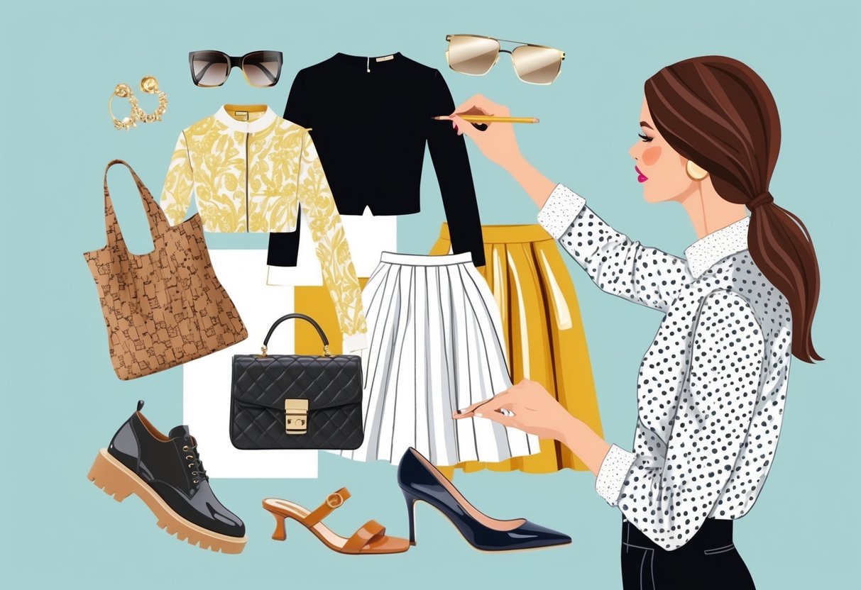 A fashion illustrator creating a collage of high and low fashion items, blending luxury and affordable pieces in a visually appealing composition