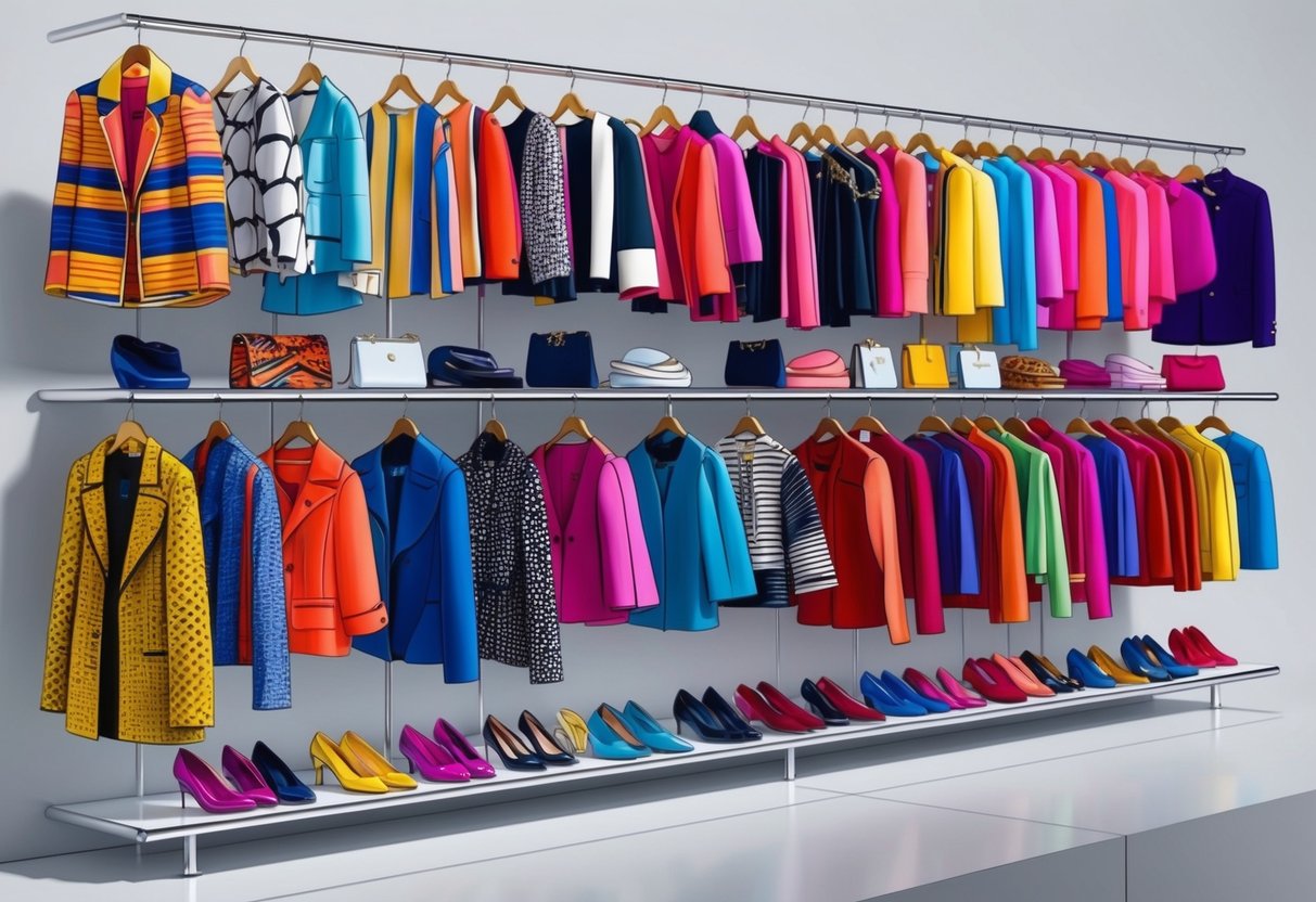 A colorful array of high and low fashion items arranged on a sleek, modern display shelf, with bold patterns and textures catching the eye