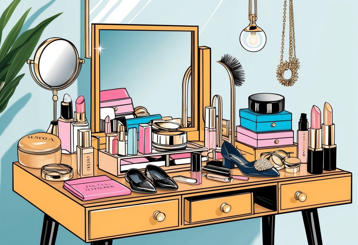 A cluttered vanity with a mix of high-end and affordable accessories and shoes, showcasing the juxtaposition of luxury and everyday items in creating a unique signature style