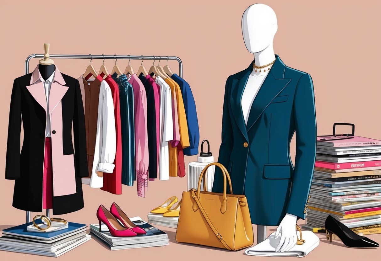 A stylish mannequin wearing a combination of high-end and affordable clothing, surrounded by fashion magazines and accessories