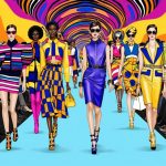 A vibrant runway show with bold patterns, sleek silhouettes, and avant-garde accessories. Models strut confidently, showcasing the latest fashion trends