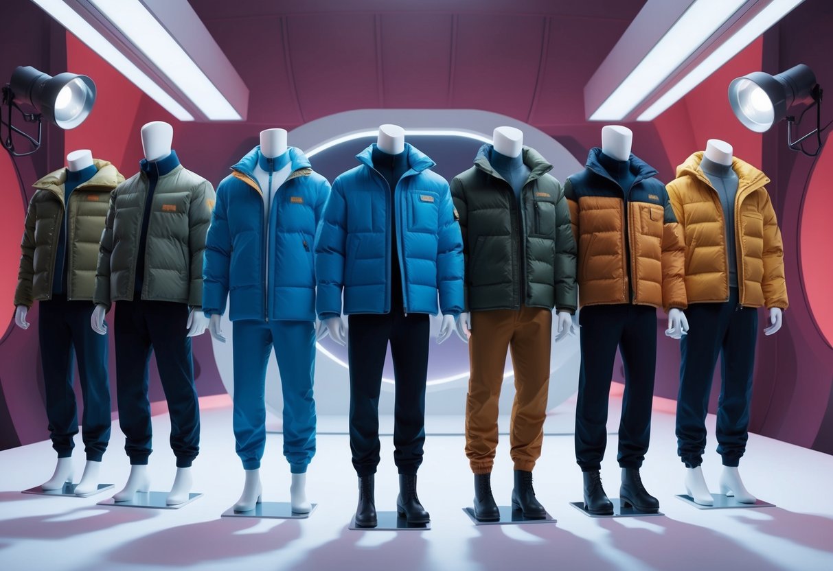 A lineup of iconic outerwear pieces displayed on mannequins against a futuristic backdrop, with spotlights highlighting the details