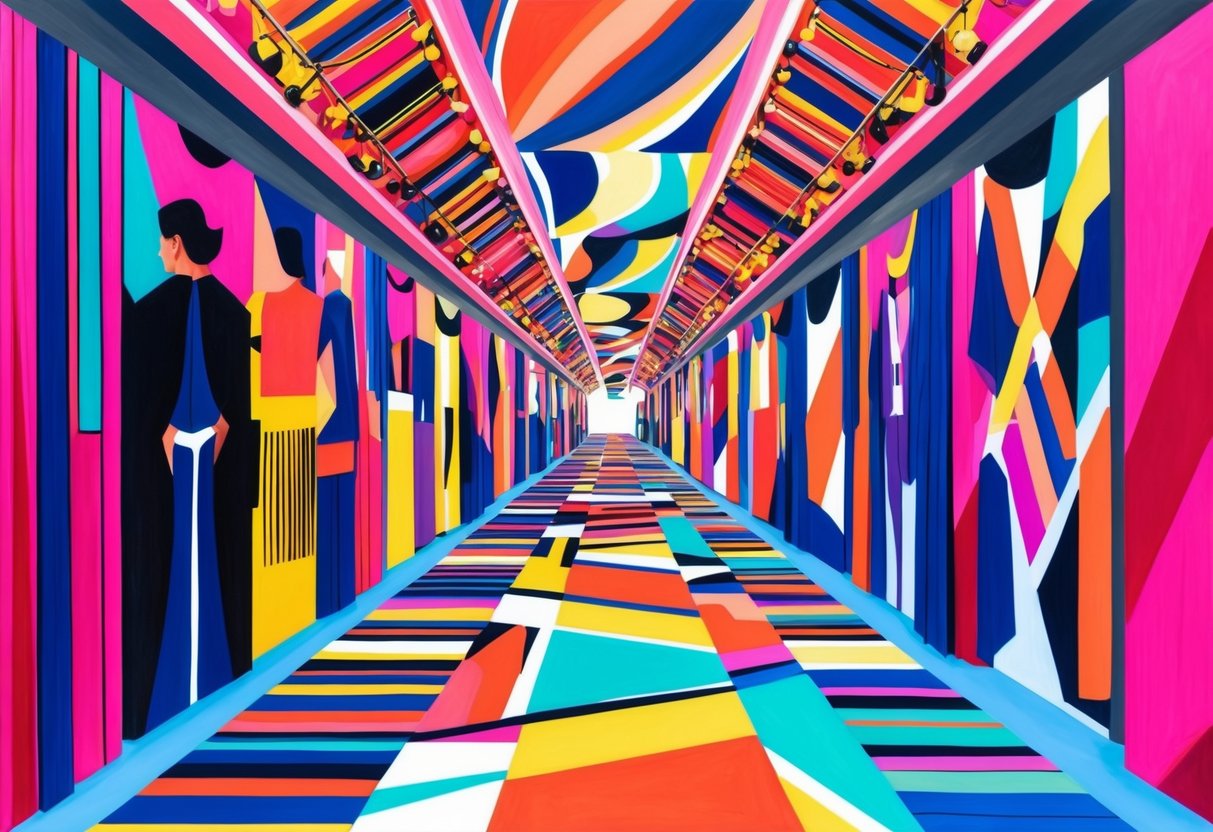 A vibrant fashion runway with bold, graphic prints on display, catching the eye of onlookers and influencers alike
