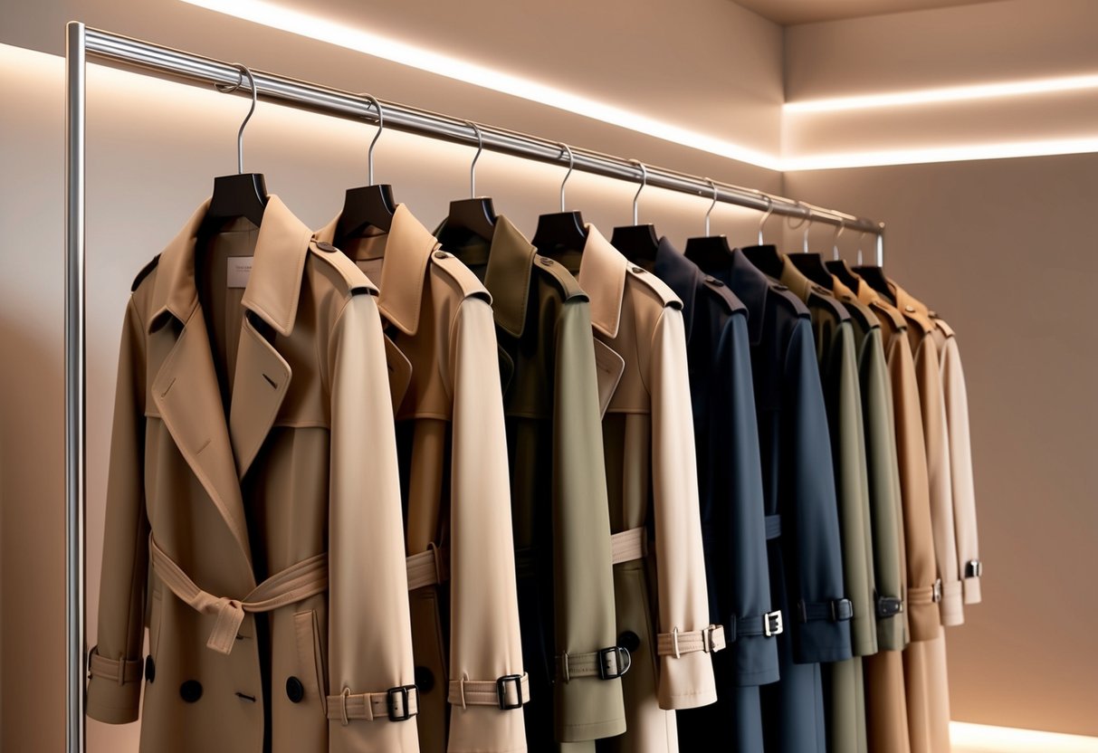 A row of trench coats hanging on a sleek metal rack, illuminated by soft, warm lighting in a modern, minimalist fashion boutique