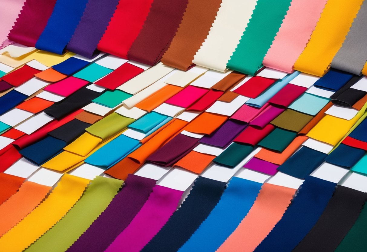 A vibrant display of colorful fabric swatches arranged in a harmonious palette, showcasing the emerging fashion trends for the season