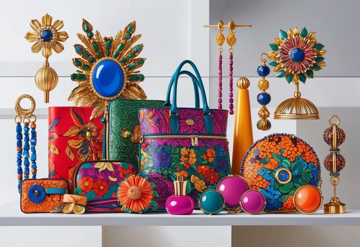 A vibrant array of bold accessories and intricate details, standing out against a clean, modern backdrop