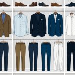 A well-organized closet with a mix of versatile and durable workwear pieces, including tailored blazers, crisp button-up shirts, and classic trousers