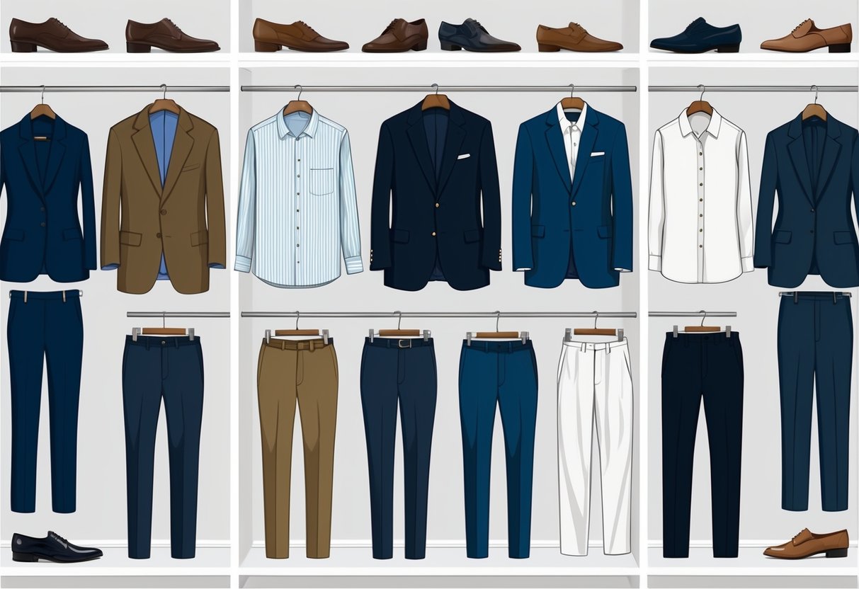 A well-organized closet with a mix of versatile and durable workwear pieces, including tailored blazers, crisp button-up shirts, and classic trousers