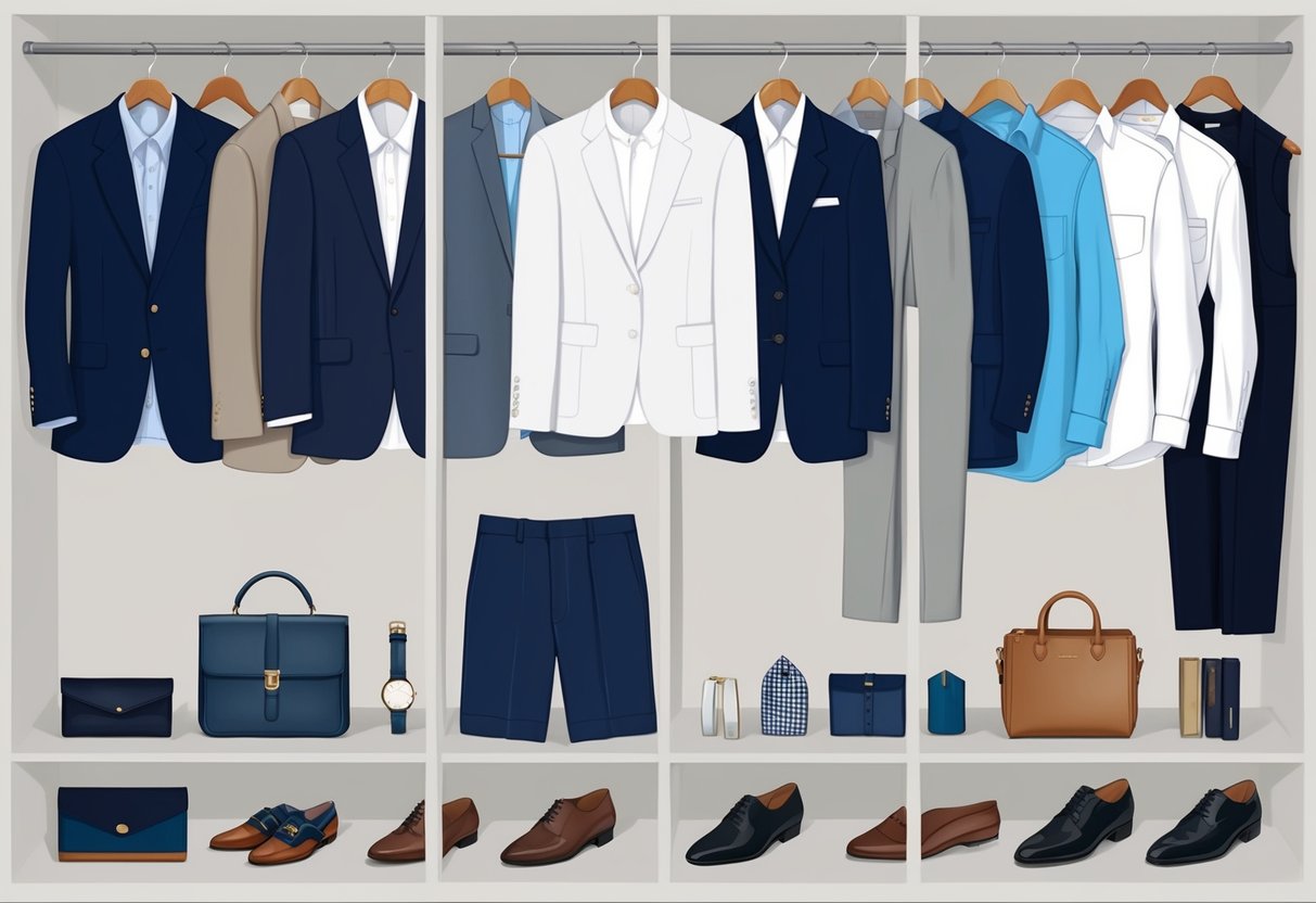 A neatly organized closet with a variety of versatile workwear pieces, including blazers, tailored trousers, button-up shirts, and classic accessories