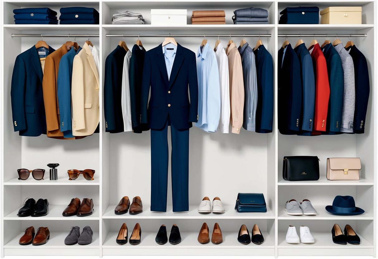A well-organized closet with a mix of tailored blazers, button-up shirts, slacks, and stylish accessories
