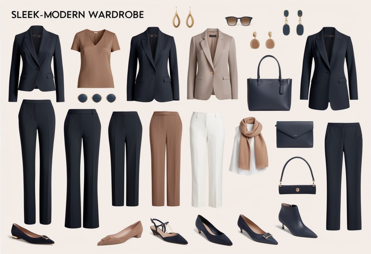 A sleek and modern wardrobe filled with versatile workwear pieces in neutral tones, accented with pops of color and on-trend accessories