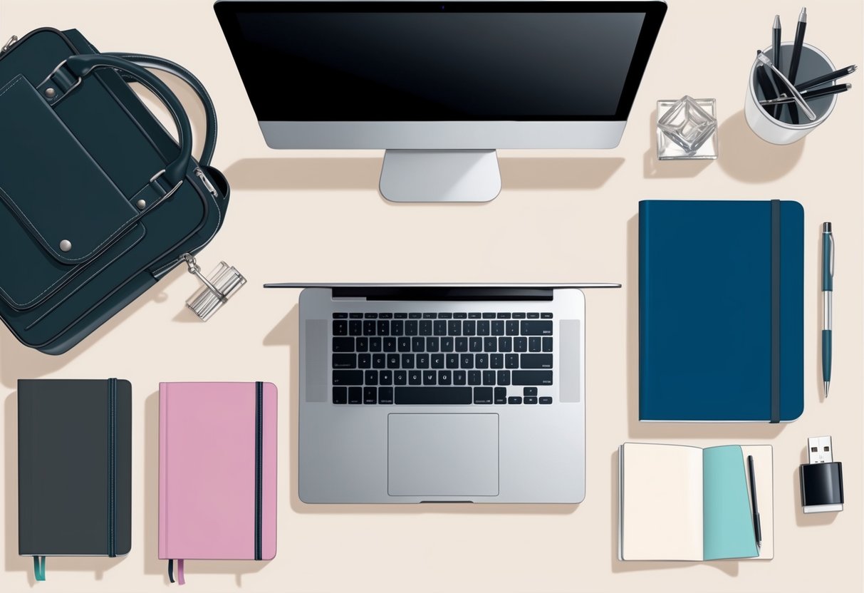 A neatly organized desk with a sleek laptop, stylish notebooks, and a chic pen holder. A professional bag and a collection of fashionable work accessories complete the scene