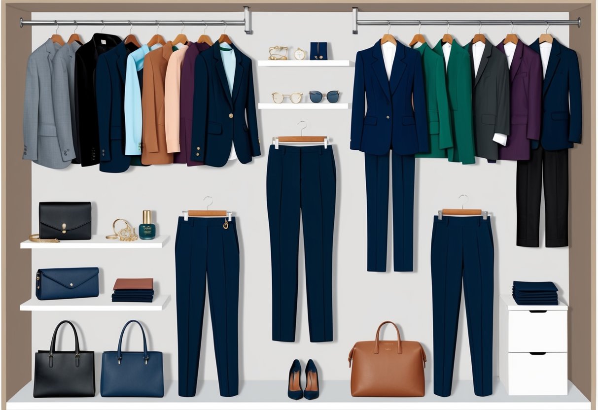 A neatly organized closet with a variety of workwear pieces including blazers, trousers, blouses, and accessories neatly arranged on hangers and shelves
