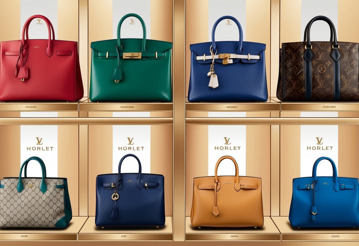 A display of luxury designer items with authentic logos and high-quality materials, contrasting with counterfeit products with obvious flaws and cheap materials