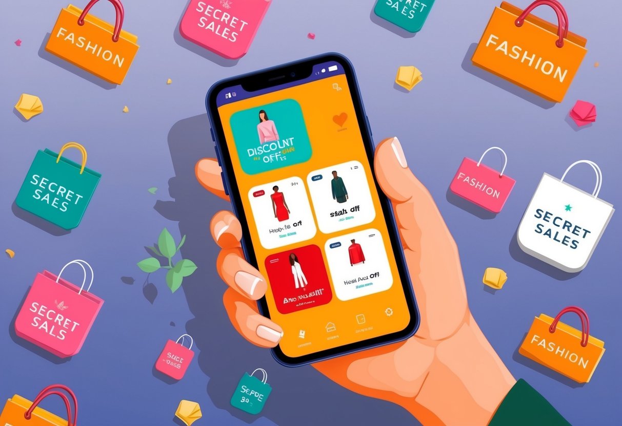 A smartphone displaying fashion apps with discount offers and secret sales