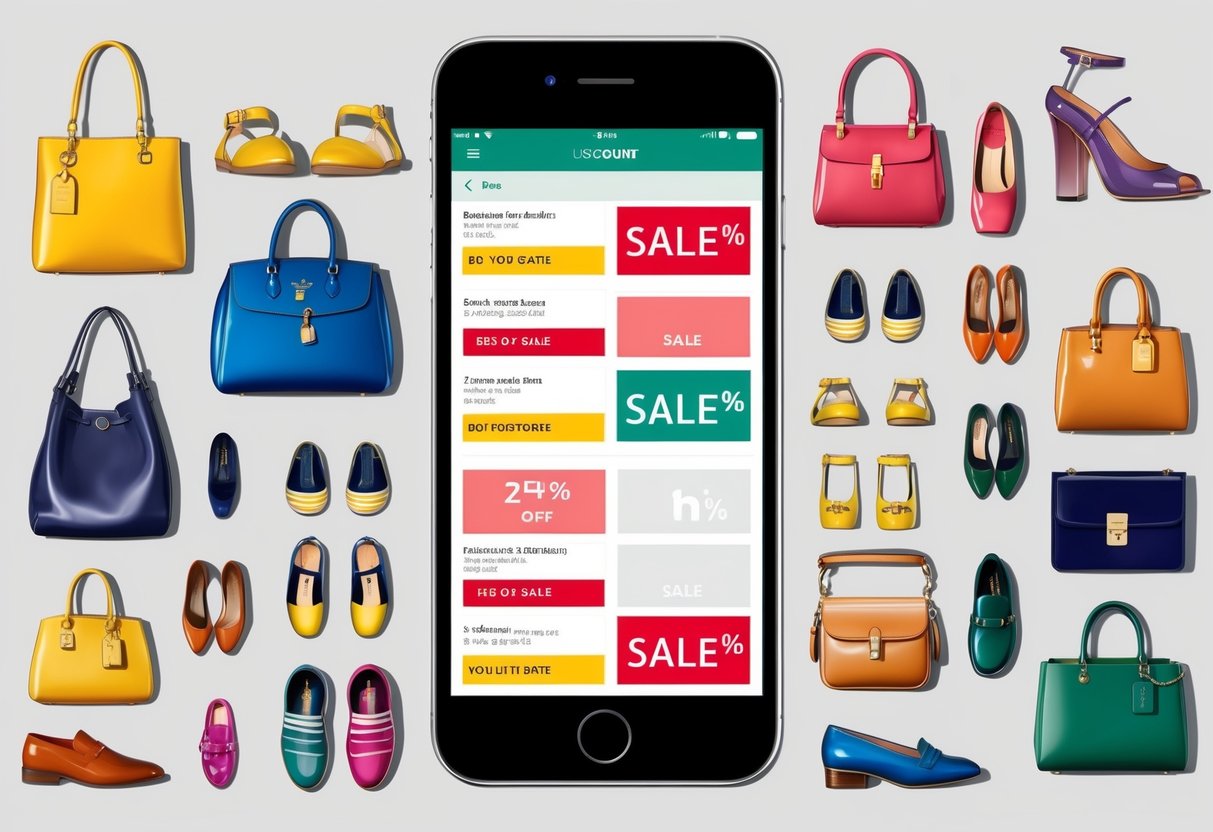 A colorful array of shoes, handbags, and accessories displayed on a smartphone screen with discount tags and sale notifications