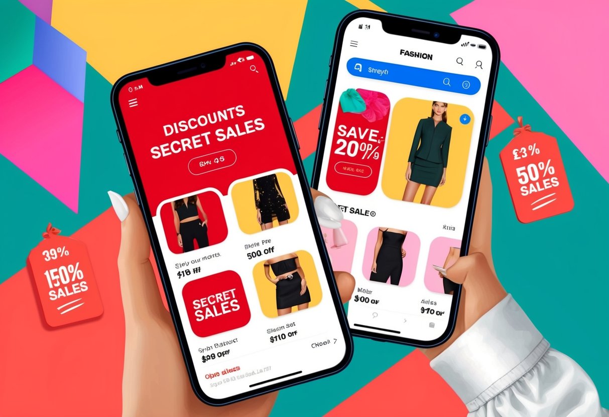 A smartphone with fashion apps open, showing discounts and secret sales