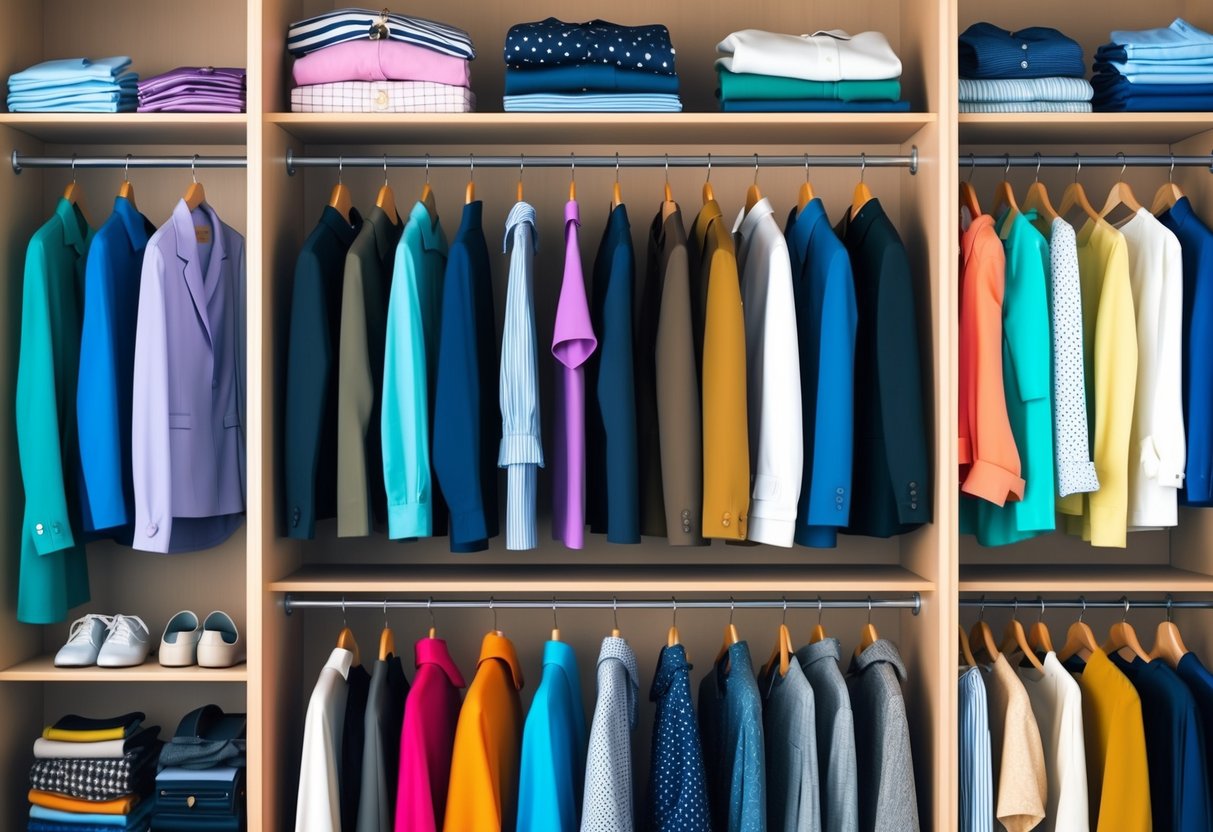 A closet filled with a variety of clothing items, from casual to formal, in different colors and patterns, arranged neatly on hangers and shelves
