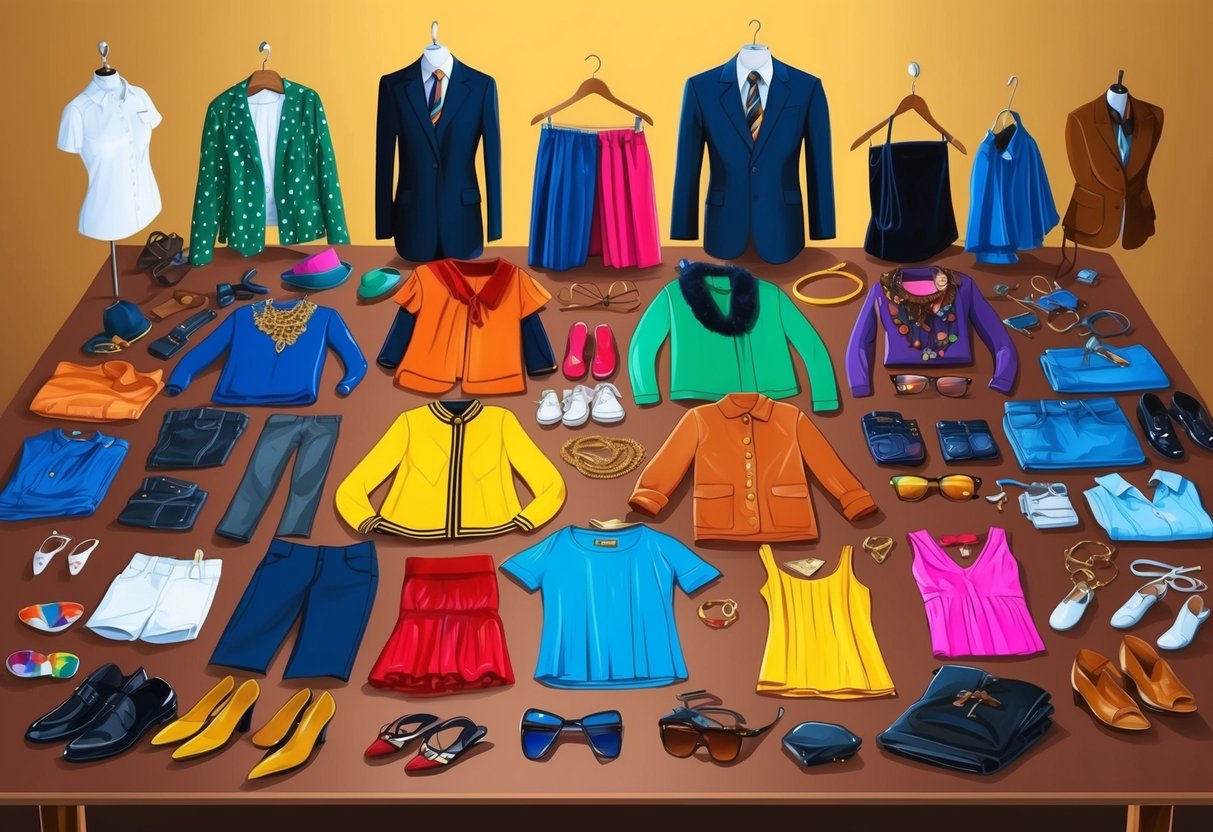 A colorful array of clothing and accessories spread out on a table, reflecting different styles and personalities