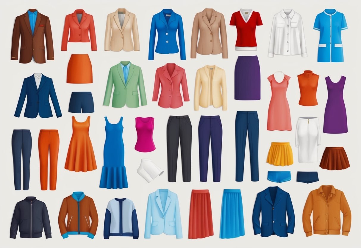A variety of clothing items arranged in different shapes and sizes, showcasing different styles and silhouettes