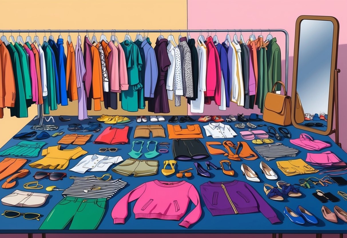 A colorful array of clothing and accessories spread out on a table, showcasing a variety of styles and trends. A mirror reflects the scene, inviting the viewer to experiment and find their own unique fashion identity