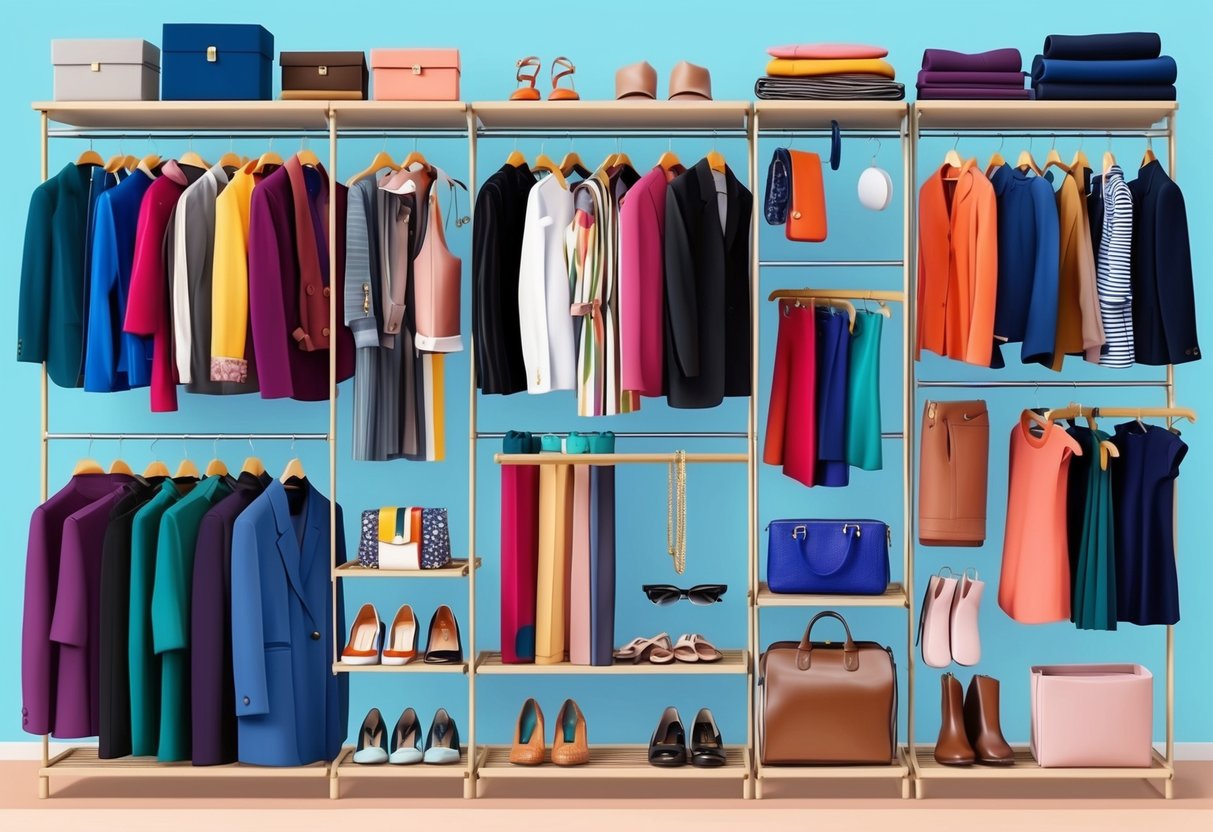 A stylish wardrobe with a variety of clothing items, shoes, and accessories neatly organized on racks and shelves, reflecting different styles and personalities
