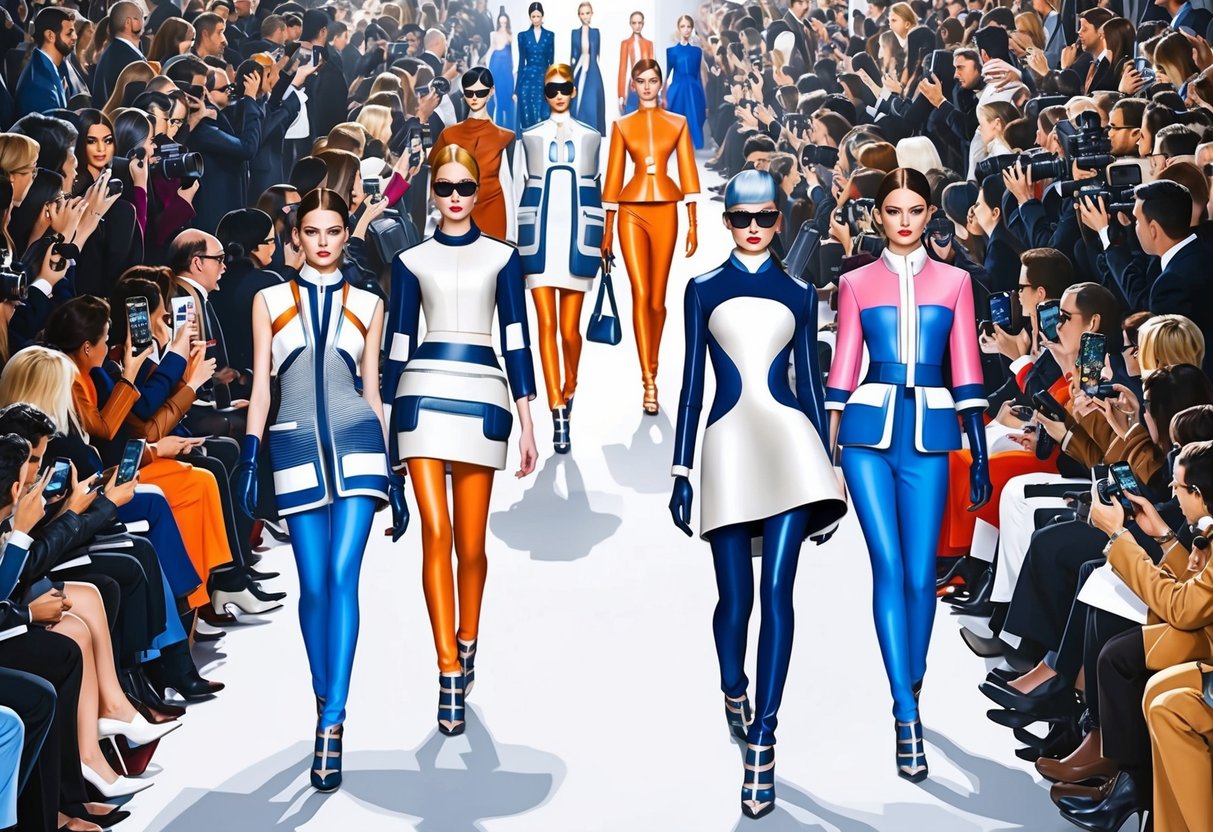 A runway with models showcasing futuristic and innovative fashion designs, surrounded by a crowd of fashion enthusiasts and photographers capturing the latest trends