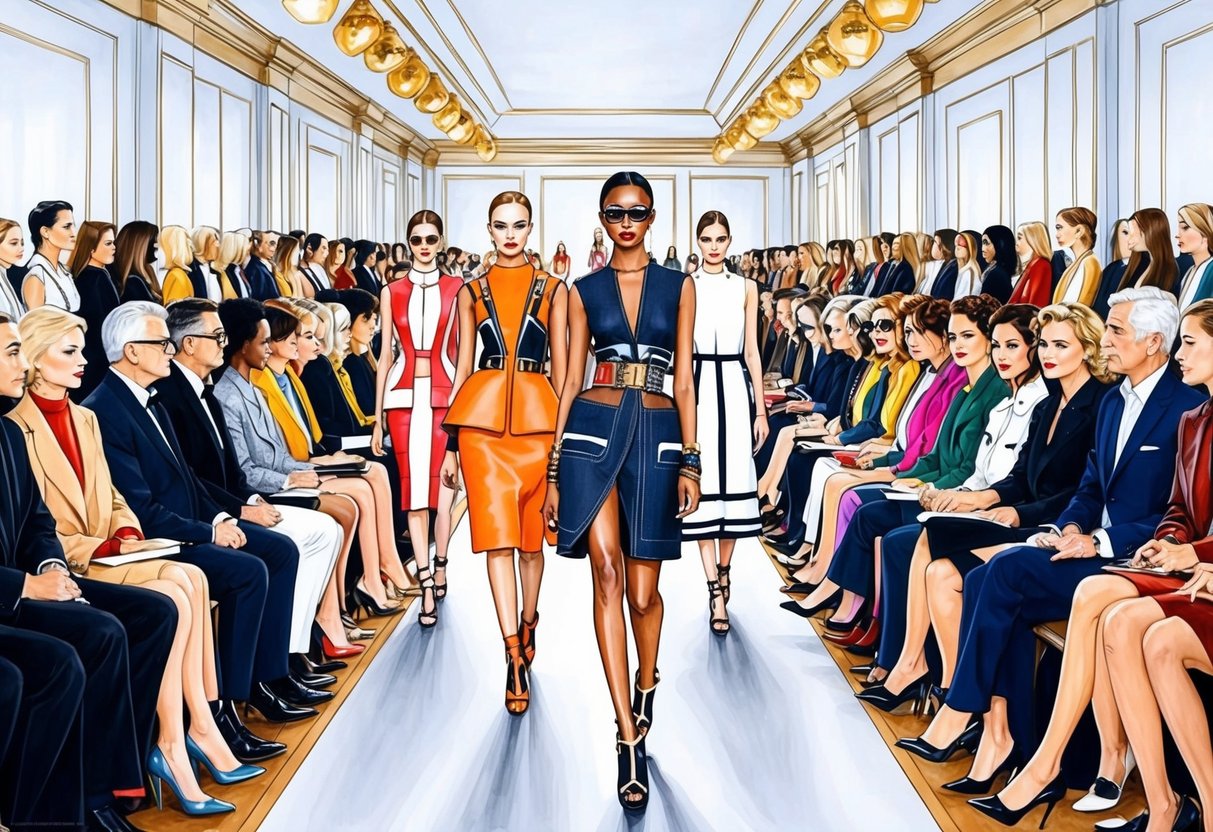 A bustling fashion show with models strutting down the runway in avant-garde designs, while influential designers and fashion houses watch from the front row