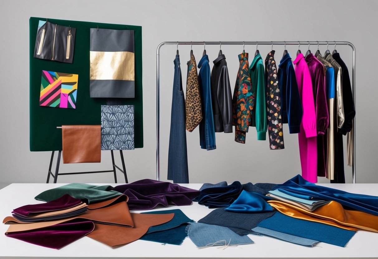 A table scattered with swatches of velvet, leather, denim, and silk. A mood board adorned with images of bold patterns and metallic accents. A rack displaying avant-garde streetwear pieces in vibrant colors and unconventional materials