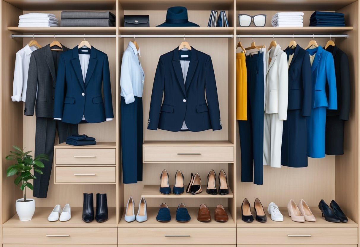 A well-organized closet with a variety of stylish and professional workwear pieces, including blazers, trousers, blouses, and comfortable yet fashionable shoes