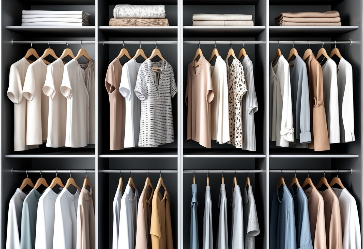 A sleek, organized closet filled with neatly hung blouses and tops in neutral colors and professional designs
