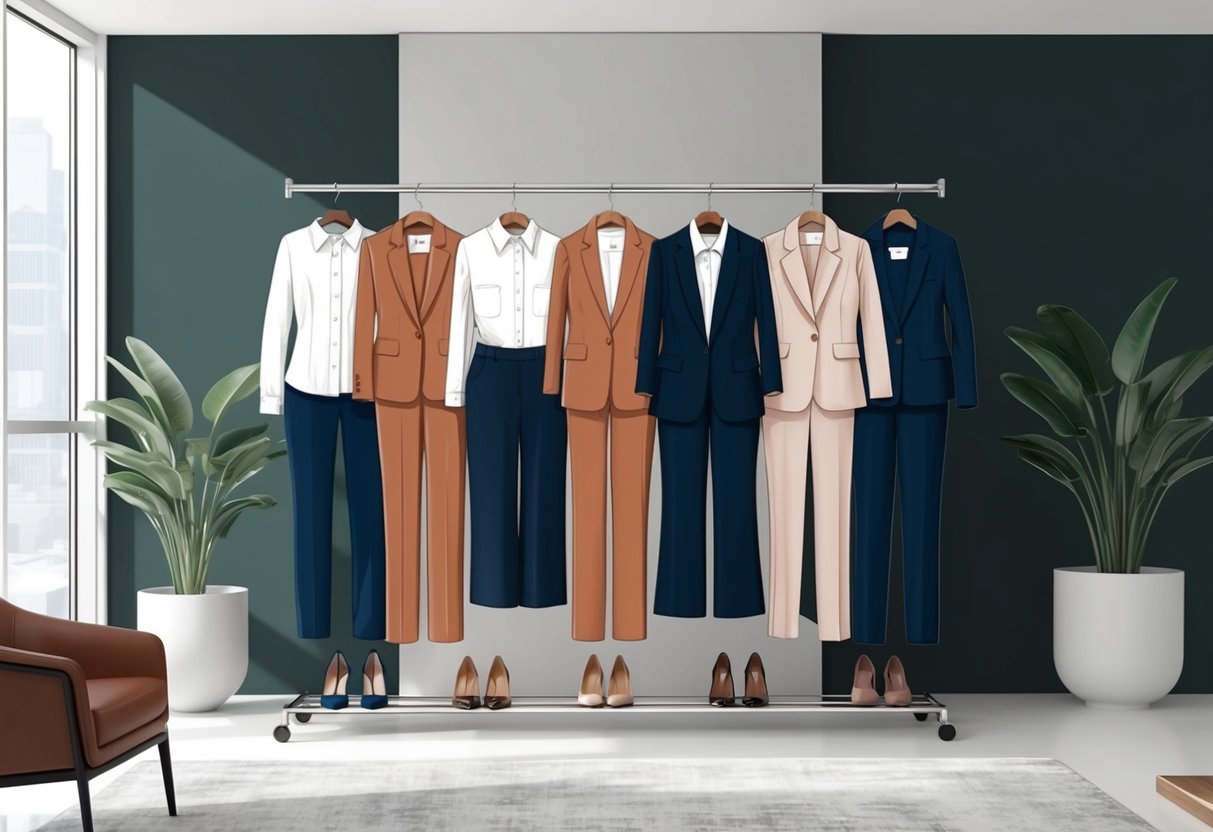 A sleek and modern office setting with a curated rack of chic, professional, and comfortable workwear outfits in coordinating color palettes